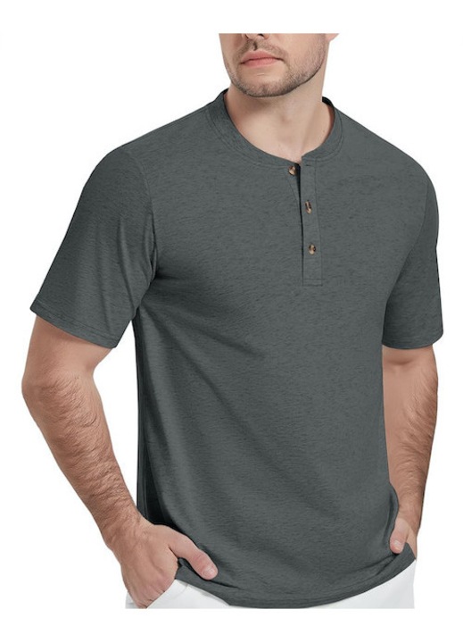 Férfi pólóing, KEFITEVD, Henley, slim fit, L, pamut, szürke, rövid ujjú