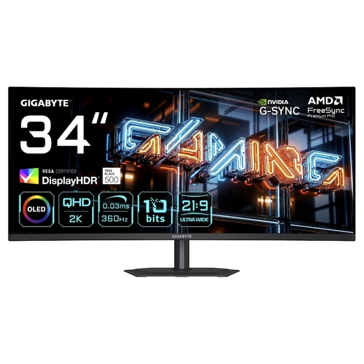 Monitor Gaming Curbat QD-OLED Dell Alienware 34", UWQHD (3440x1440), 175Hz, 0.1ms GTG, NVIDIA G-Sync™ ULTIMATE, Hub USB, 2x HDMI. DisplayPort, Pivot, VESA, negru