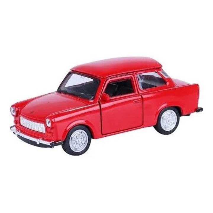 Trabant 601 modellautó, piros, 1:34, Welly, fém, nyitható ajtókkal és visszahúzós mechanizmussal