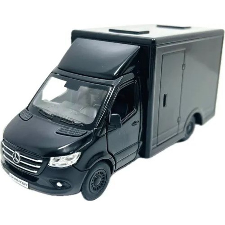 Mercedes Sprinter fekete furgon modell, fém replika nyitható ajtókkal és visszahúzós mechanizmussal, saját doboz nélkül