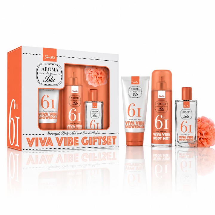 Sentio® Aroma de la Isla 61 Viva Vibe női ajándékszett, Eau de parfum 30 ml + Testpermet 100 ml + Tusfürdő 100 ml + Fürdőszivacs