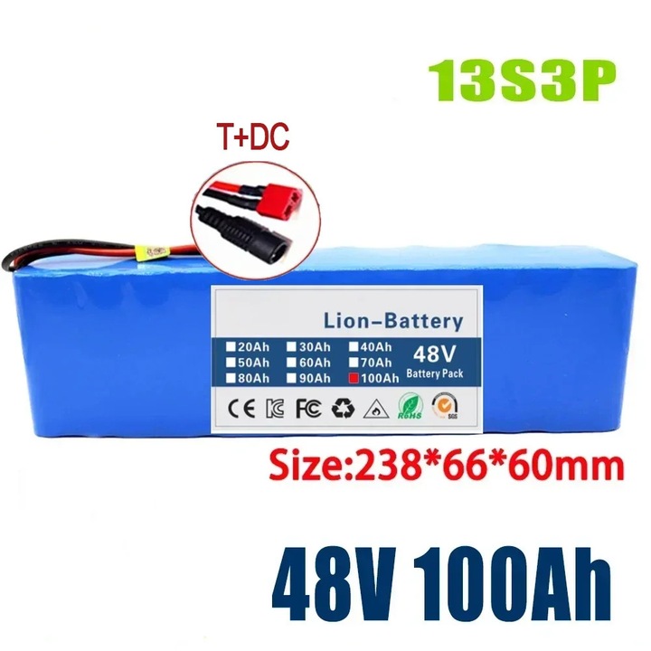 Литиево-йонна батерия 48V 30Ah, пакет 13S3P, T-DC конектор, включено зарядно устройство 54,6V, размери 238×66×60 mm, тегло 1,8 kg, за 48V мотори