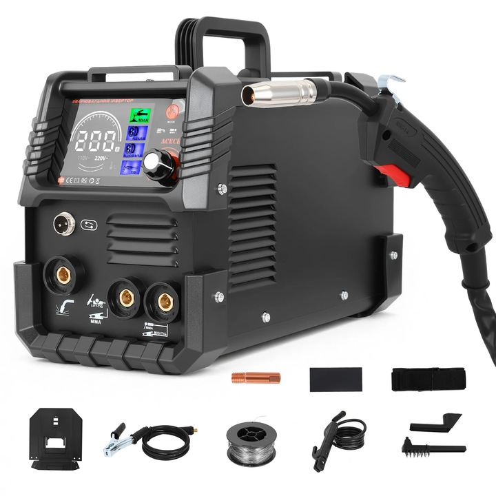 3 az 1-ben MIG hegesztőgép, 200 A hegesztőgép, impulzus MIG, gázos és gáz nélküli hegesztés flux huzallal, MMA/elektróda és Lift TIG, LCD kijelző, fekete