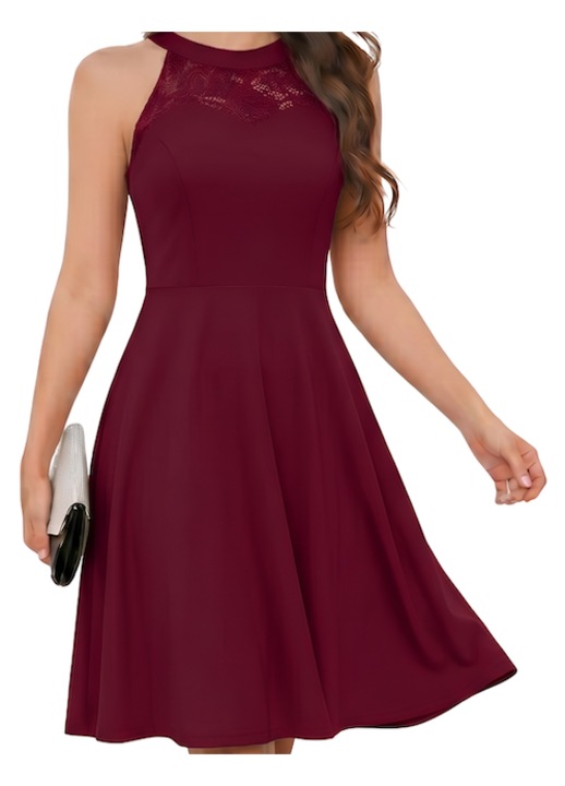 Női midi estélyi és koktélruha, Bbonlinedress, halterneck, XL, nylon és elasztán, bordó, A-vonalú szabás