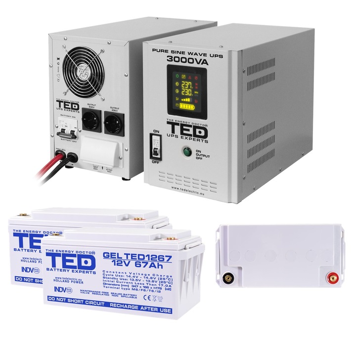 Pachet UPS cu 2 Acumulatori Externi Inclusi GEL Deep Cycle 12V 67Ah, Unda Sinusoidala Pura cu 2 Iesiri Schuko 3000VA 2100W si Display, TED Electric