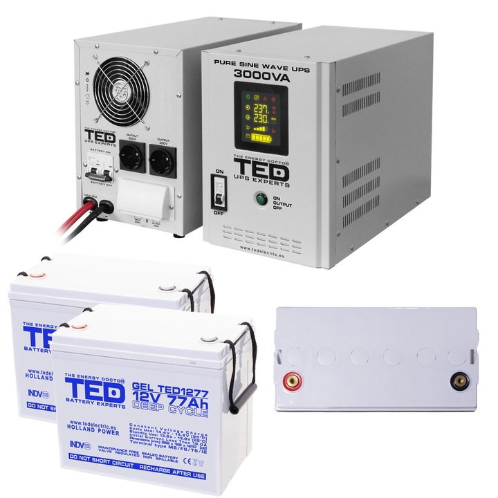 Pachet UPS cu 2 Acumulatori Externi Inclusi GEL Deep Cycle 12V 77Ah, Unda Sinusoidala Pura cu 2 Iesiri Schuko 3000VA 2100W si Display, TED Electric