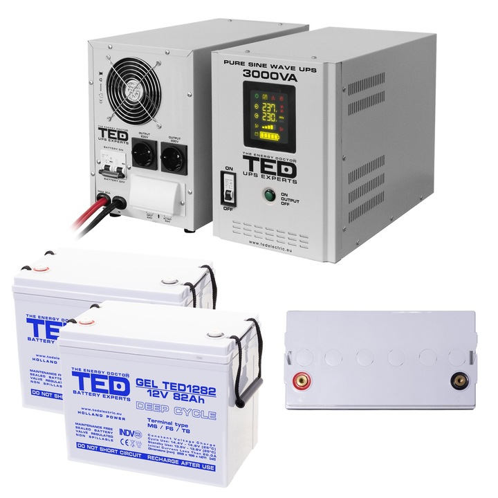 Pachet UPS cu 2 Acumulatori Externi Inclusi GEL Deep Cycle 12V 82Ah, Unda Sinusoidala Pura cu 2 Iesiri Schuko 3000VA 2100W si Display, TED Electric