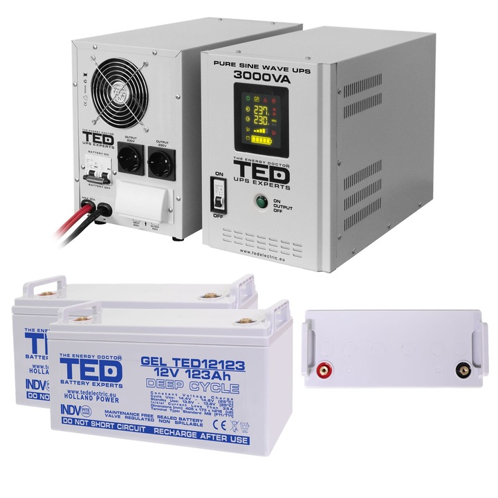 Pachet UPS cu 2 Acumulatori Externi Inclusi GEL Deep Cycle 12V 123Ah, Unda Sinusoidala Pura cu 2 Iesiri Schuko 3000VA 2100W si Display, TED Electric