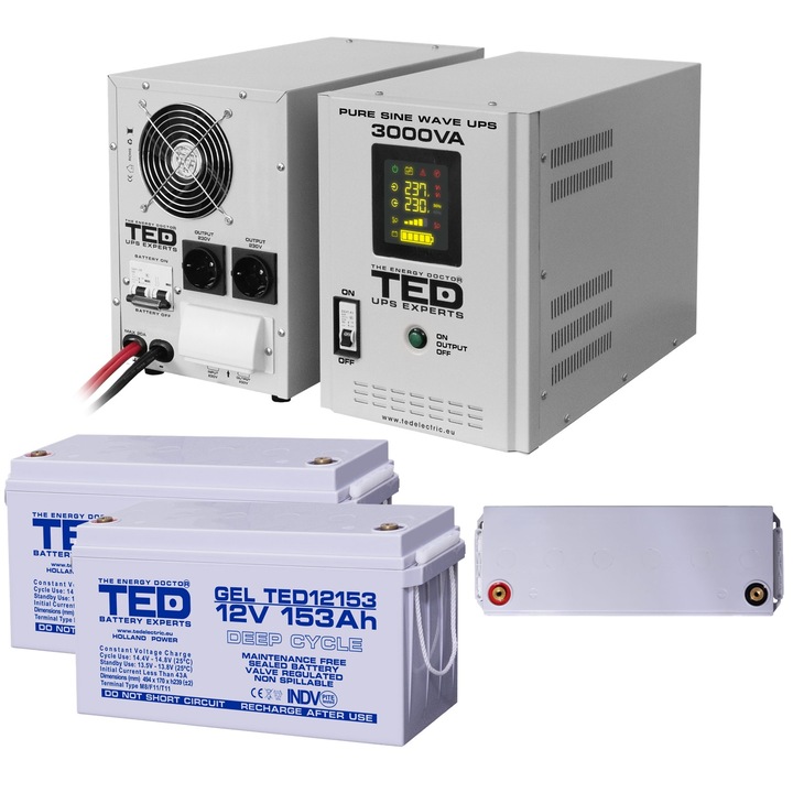 Pachet UPS cu 2 Acumulatori Externi Inclusi GEL Deep Cycle 12V 153Ah, Unda Sinusoidala Pura cu 2 Iesiri Schuko 3000VA 2100W si Display, TED Electric