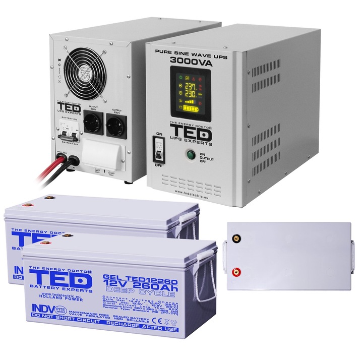 Pachet UPS cu 2 Acumulatori Externi Inclusi GEL Deep Cycle 12V 260Ah, Unda Sinusoidala Pura cu 2 Iesiri Schuko 3000VA 2100W si Display, TED Electric