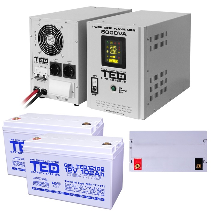 Pachet UPS cu 2 Acumulatori Externi Inclusi GEL Deep Cycle 12V 102Ah, Unda Sinusoidala Pura cu 2 Iesiri Schuko 5000VA 3500W si Display, TED Electric