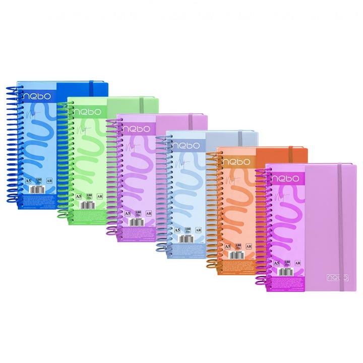 Set 6 Caiete A5, 180 file, 70g, coperta plastic, cu elastic, AR - NEBO, Multicolor