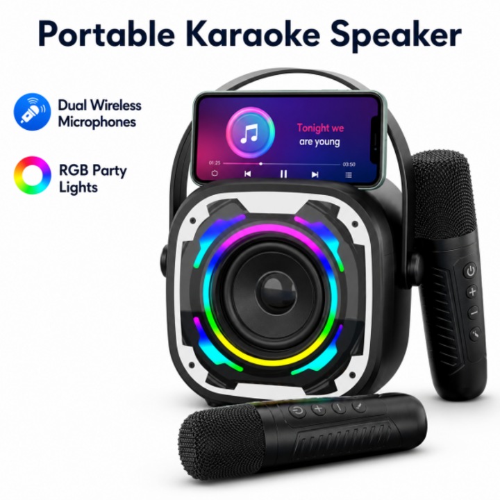 Hordozható karaoke hangszóró 2 vezeték nélküli mikrofonnal, RGB fényekkel, beépített telefontartóval, Bluetooth 5.0, USB/TF kártya/AUX lejátszással, erőteljes sztereó hangzással, hosszú élettartamú akkumulátorral, partikhoz és családi használatra