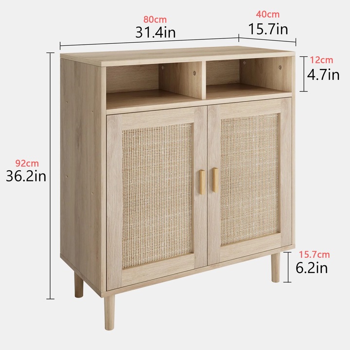 Rattan tálalószekrény, 2 ajtós oldalszekrény, mid-century modern stílus, 80 cm-es tárolópolc, MDF és tömörfa, natúr tölgy