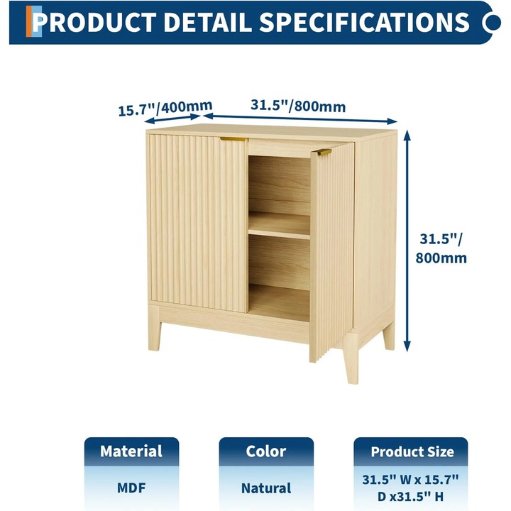 Modern 80 cm-es tálalószekrény bordázott előlapokkal, Sideboard típusú komód tárolóhellyel, Nappaliba és konyhába, MDF és tömörfa lapok, Tölgy szín