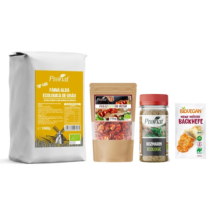 Pachet Focaccia Bio – Faina de Grau, Drojdie, Rozmarin si Fulgi de Rosii