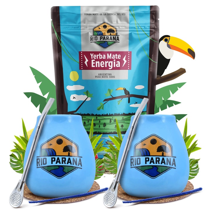 Yerba Mate Tea Készlet, Rio Parana, Energia, Argentína, 2x Kerámia Bögre, Kék, 330 ml, 2x Bombilla Mercedes, 15 cm, 2x Pluton Tartó, 2x Tisztítókefe, Kiváló Minőség, Intenzív Aroma, Kiegyensúlyozott Íz, 500 g