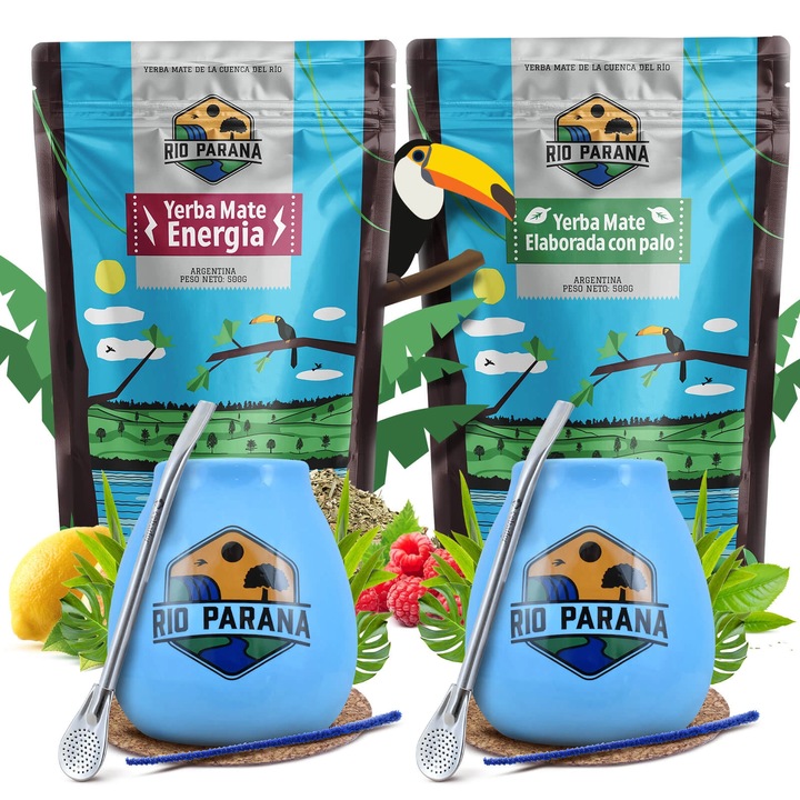 Yerba Mate Tea Készlet, Rio Parana, Elaborada Con Palo, Energia, Argentína, 2x Kerámia Bögre, Kék, 330 ml, 2x Bombilla Mercedes, 15 cm, 2x Pluton Tartó, 2x Tisztítókefe, Kiváló Minőség, Intenzív Aroma, 2x500 g