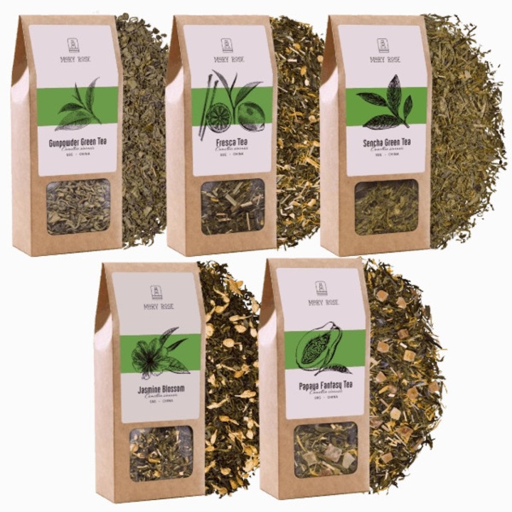 Set Ceai Yerba Mate, Mary Rose, Fresca, Gunpowder, Sencha, Papaya Fantasy, Jasmine Blossom, Frunze Selectate, Calitate Superioara, Selectie Premium, Aroma Naturala, 250 g