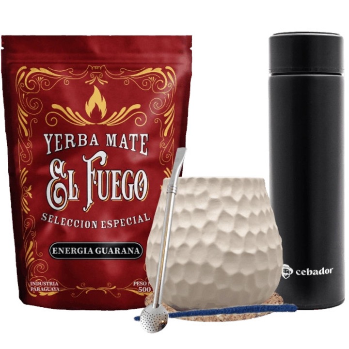 Yerba Mate Tea Készlet, El Fuego, Energia Guarana, Paraguay, LED Termosz, Inox, 480 ml, Kerámia Bögre, Fehér, 400 ml, Bombilla Bomba, 19 cm, Kiváló Minőség, Intenzív Aroma, Prémium Szelekció, Hagyományos Eljárás, 500 g
