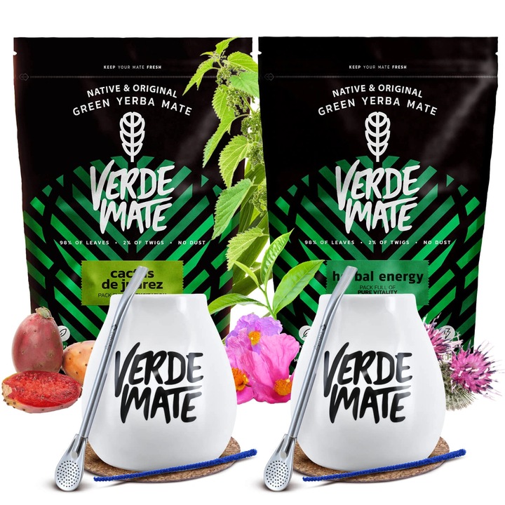 Yerba Mate Tea Készlet, Verde Mate, Herbal Energy, Cactus De Juarez, Brazília, 2x Kerámia Bögre, Fehér, 350 ml, 2x Bombilla Mercedes, Kiváló Minőség, Intenzív Aroma, Prémium Szelekció, Hagyományos Eljárás, 2x500 g