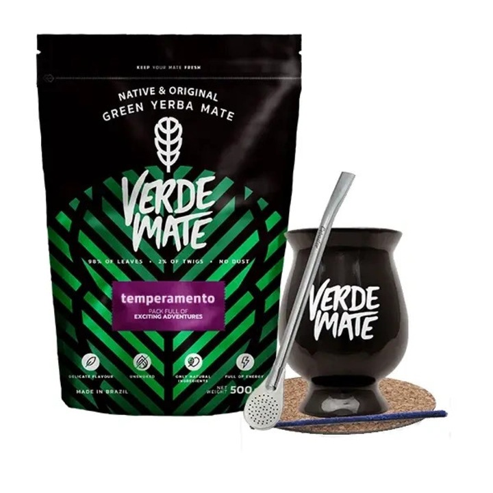Yerba Mate Tea Készlet, Verde Mate, Temperamento, Brazília, Copa Kerámia Bögre, Fekete, 330 ml, Bombilla Mercedes, Kiváló Minőség, Intenzív Aroma, Prémium Szelekció, Hagyományos Eljárás, 500 g