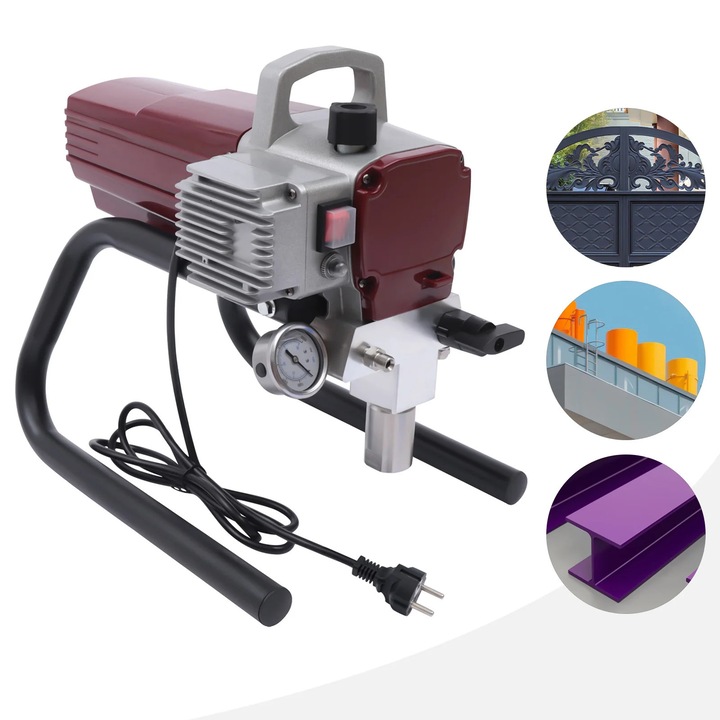 Festékszóró pisztoly, Airless fal- és mennyezetfestő szórópisztoly 1800W, Elektromos, Állítható nyomás, Áramlási sebesség 1,8 l/perc, EU csatlakozó, Piros