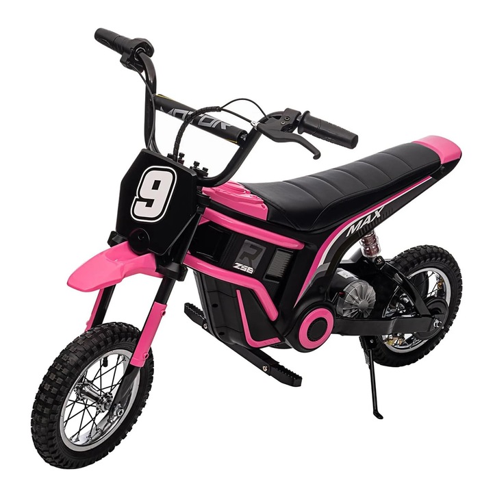 24V-os elektromos motorkerékpár gyerekeknek, cross motor, 350W, 3 sebességfokozat 8/12/23 km/h, rugózott felfüggesztés, 2 kerék, rózsaszín