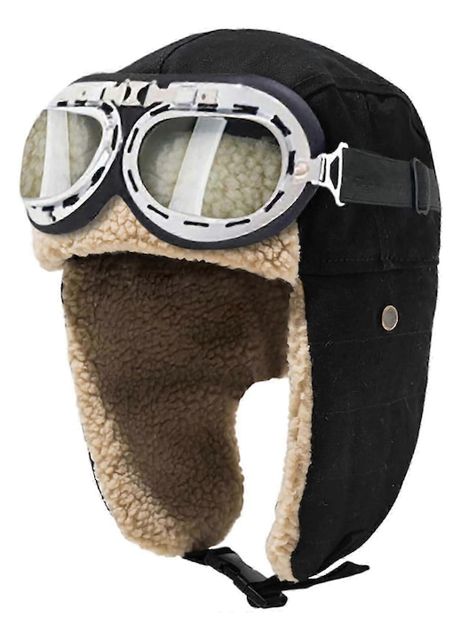 Set caciula aviator cu blana si ochelari, negru, universal