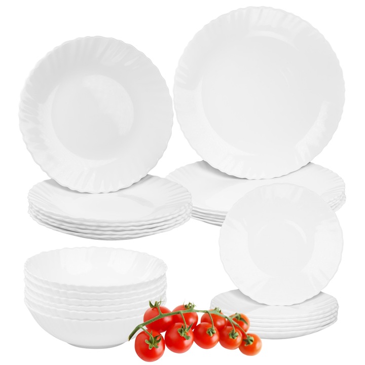 Étkészlet, Prima Deco, OPALEX, 24 darabos, 6 személyes, fehér, kerek, opál biztonsági üveg, mosogatógépben mosható, mikrohullámú sütőben használható