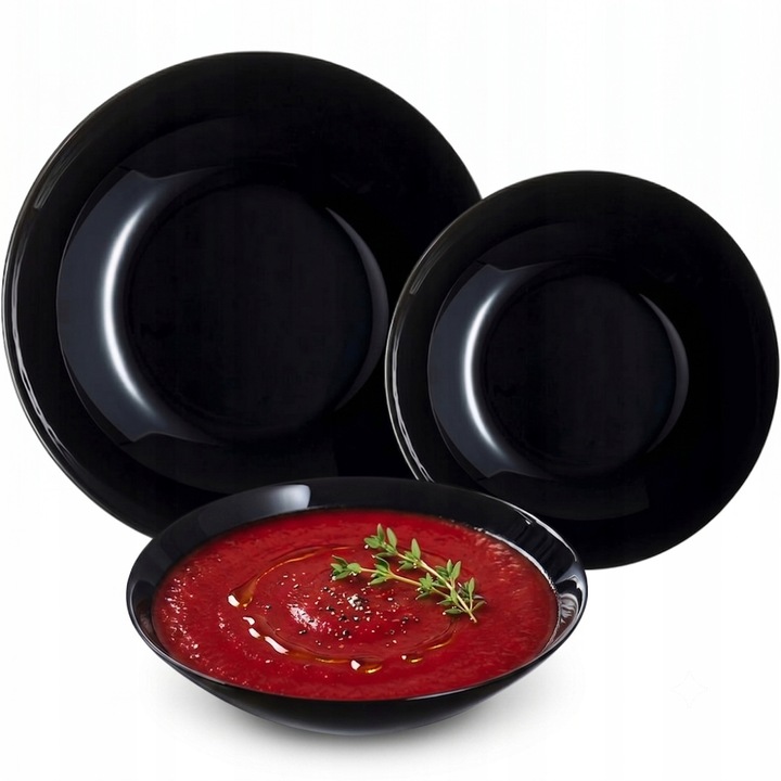 Étkészlet, Prima Deco, OPALEX, 18 darabos, 6 személyes, opál biztonsági üveg, fekete, kerek, mosogatógépben mosható, mikrohullámú sütőben használható, 6 db lapostányér, 6 db mélytányér, 6 db desszertes tányér