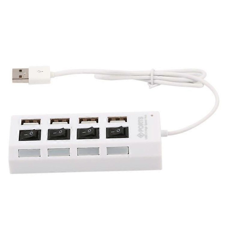 USB 2.0 elosztó, 4 portos, független kapcsolóval, fehér, 12x3.5x2.2cm