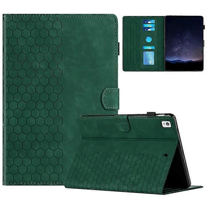 Husa tableta piele PU, model fagure, verde, 10.2 inch, suport ajustabil, slot carduri, buzunar stylus