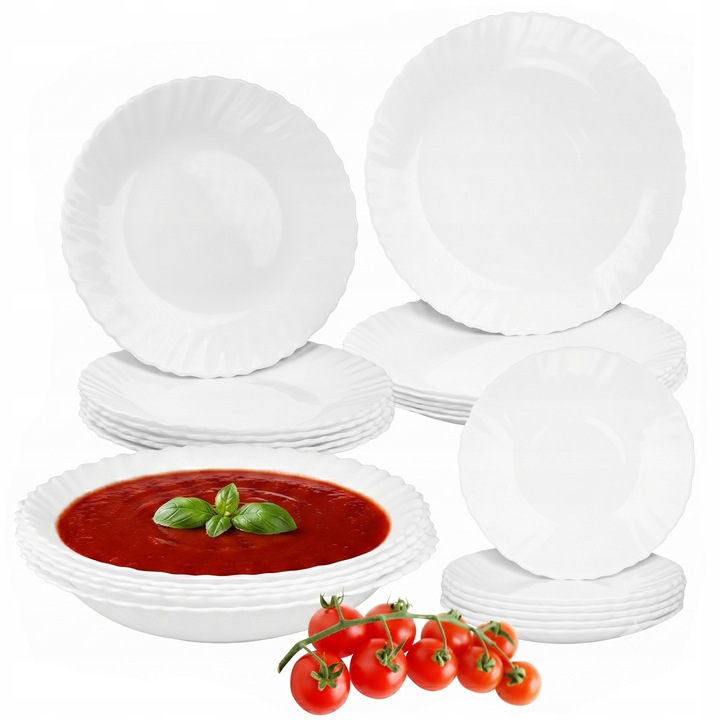 Étkészlet, Prima Deco, Opałex Carbo, 48 darabos, 12 személyes, fehér, mélytányér, desszertes tányér és lapostányér készlet, opál edzett üveg, fényes, kerek, mosogatógépben és sütőben is használható