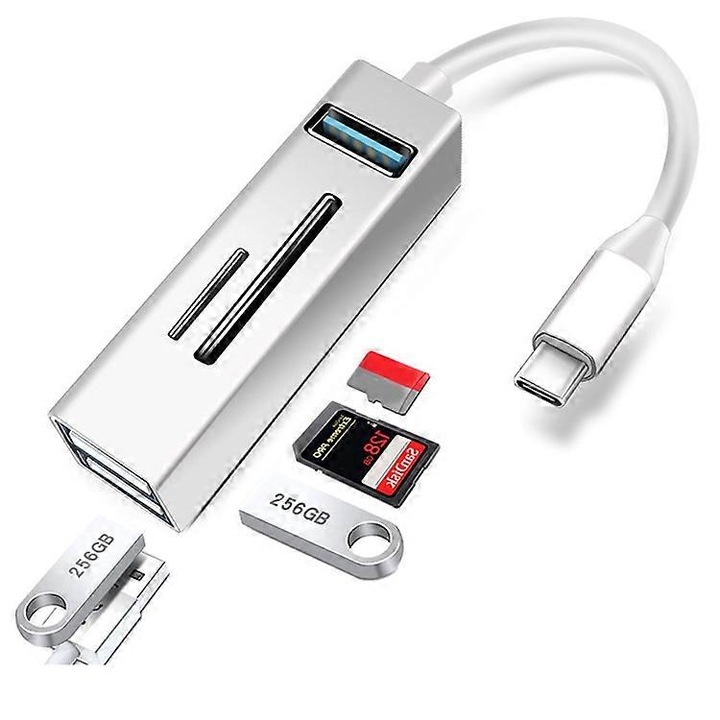 USB-C elosztó 5 az 1-ben, 3 USB 3.0 port, 2 memóriakártya-foglalat, fehér, 10W