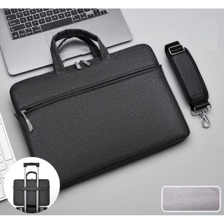 Geanta laptop ultrsubtire, negru, 14 inch, set cu curea umar