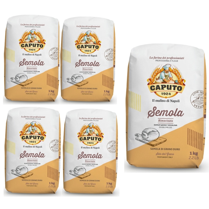 Faina pentru paste, Caputo, Semola Rimacinata, set 5 bucati x 1 kg, din grau dur