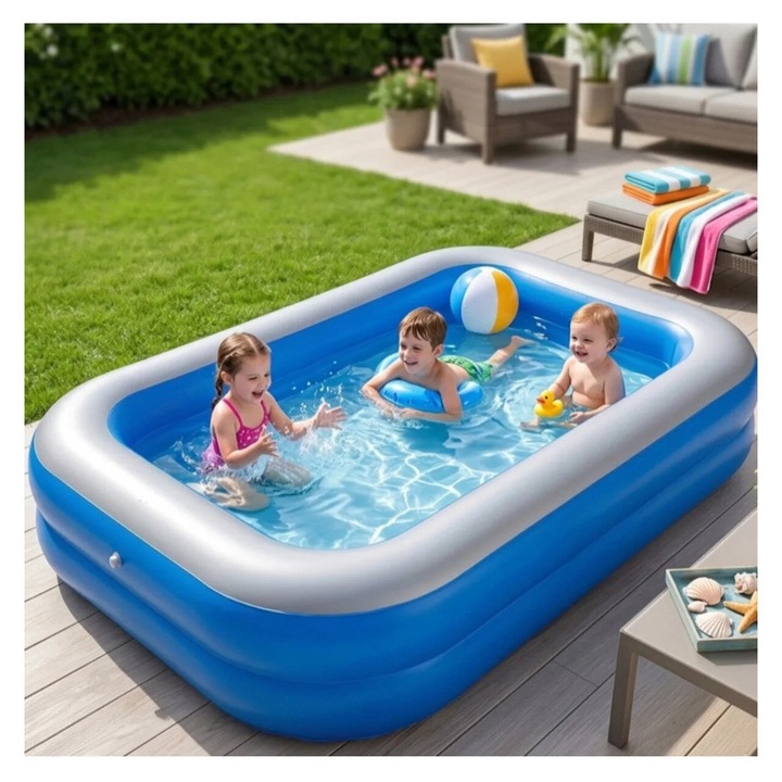 SHYA AquaWorld Felfújható Gyermekmedence 200x120x40cm, Téglalap alakú, 3 gyűrűs, Ellenálló PVC