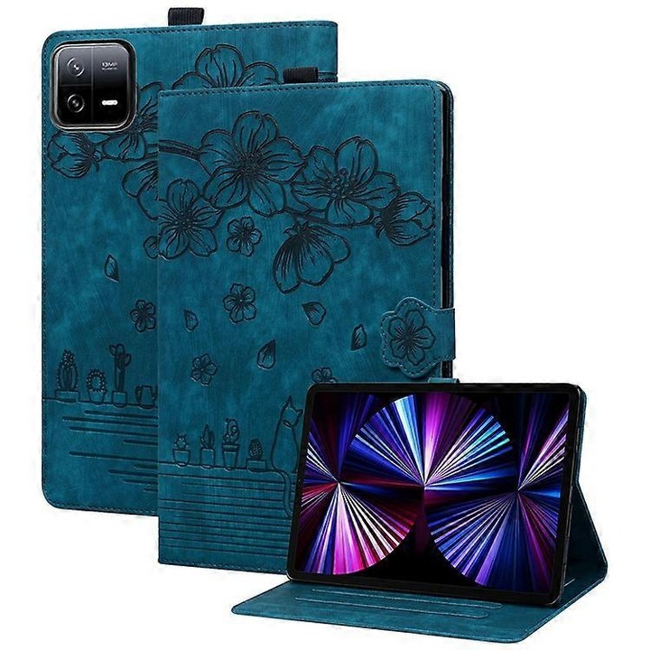 Husa tableta flip piele PU albastru imprimeu flori cires si pisici 10x20cm cu suport si sloturi card