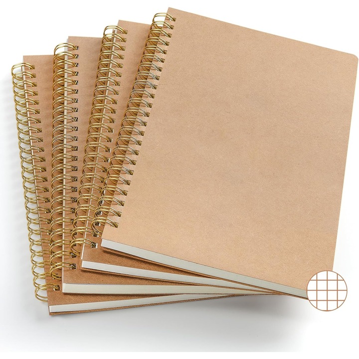 Set 4 caiete A5, coperta kraft, spirala aurie, 21x14cm, 50-100 pagini, hartie 80g, maro