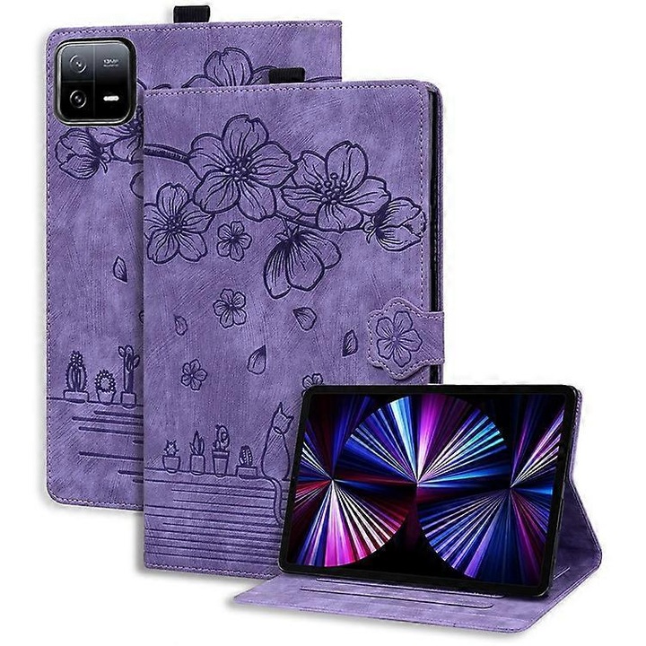 Husa tableta flip piele PU mov imprimeu flori cires si pisici 10x20cm