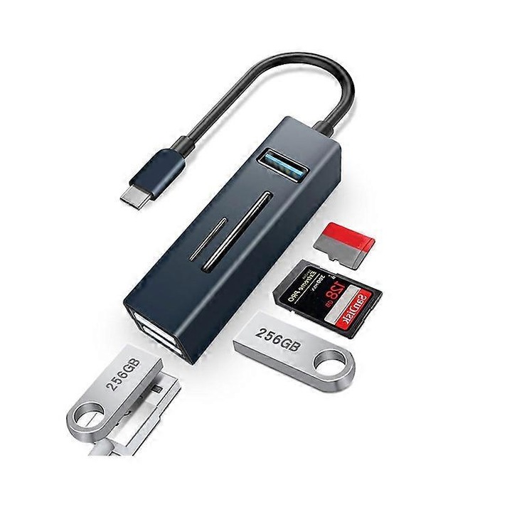 USB-C elosztó 5 az 1-ben, 3 USB 3.0 port, 2 memóriakártya-foglalat, fekete, alumínium