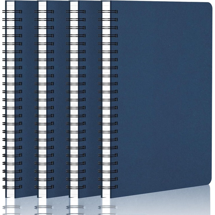 Set 4 caiete A5 spiraal, 14x21cm, 100g/m, albastru inchis, pagini albe