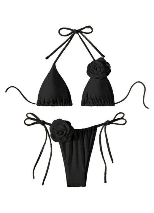 Costum de baie dama, set de bikini cu prindere dupa gat, flori 3D, negru, fabricat din material elastic