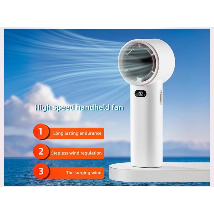Ventilator Portabil Cu 120 Trepte De Viteza, Afisaj LED, USB Type-C, Acumulator 4000 mAh, Motor Puternic, Alb