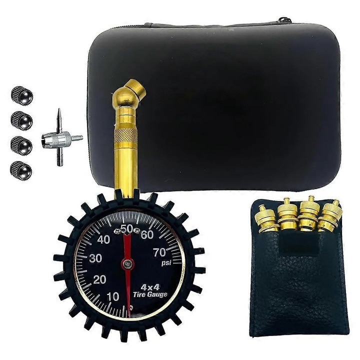 Keréknyomásmérő és automata deflátor készlet, fekete, 70 PSI