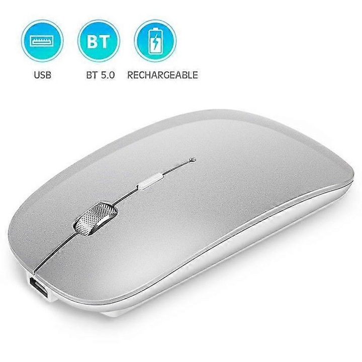Vezeték nélküli egér 2.4G Bluetooth E08, halk, ezüst, 10m, 1600DPI