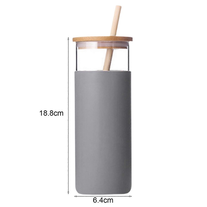 Sticla apa 500ml, capac bambus, protectie silicon, transparent, 6.4x18.8cm