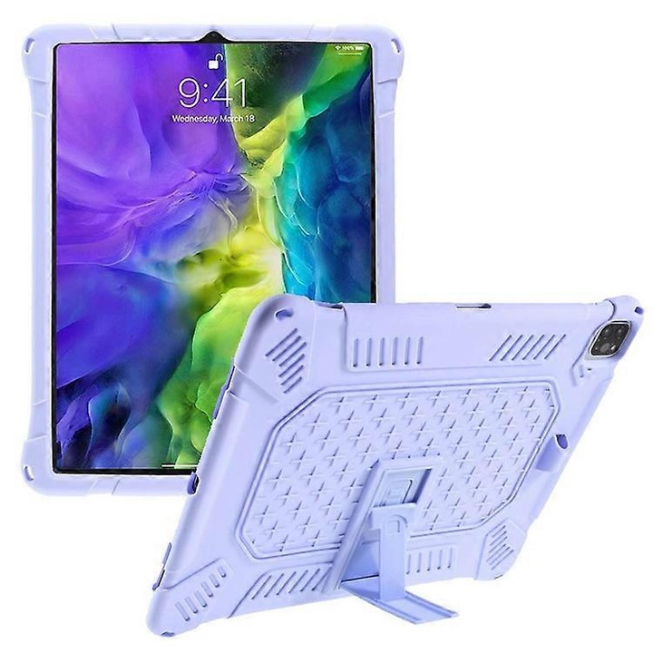 Husa tableta, silicon si plastic, suport integrat, mov deschis, 12.9 inch
