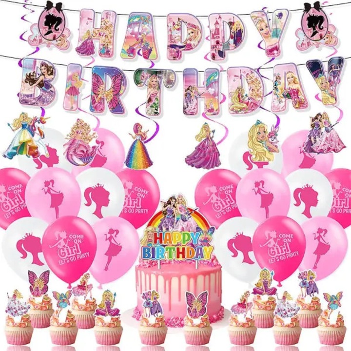 Set accesorii petrecere aniversara tema Barbie, baloane, banner, decoratiuni, multicolor